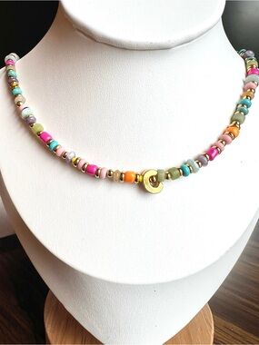 "C" Multi Semi Precious Gemstones Initial Necklace 24K Gold Plated NWOT